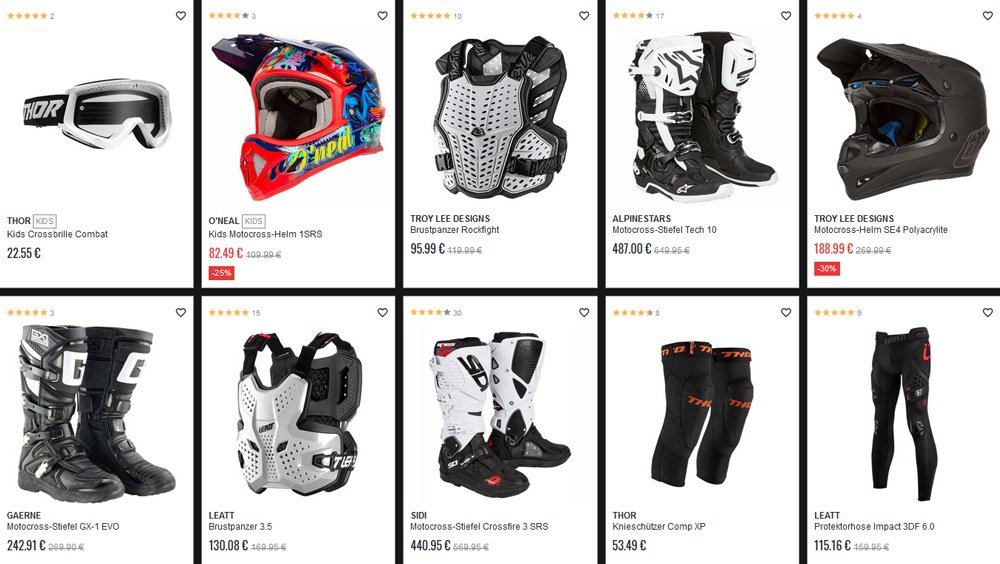 Online-Shop für Motocross-Protektoren, Helme, Stiefel, Brillen und Panzer