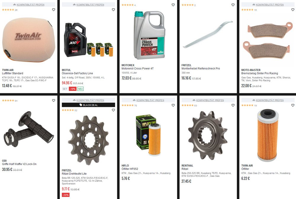 Online-Shop für Motocross-Teile, Öle, Filter, Kolben und mehr